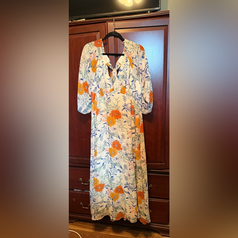 Eve Floral Dress with Orange and Blue Accents
